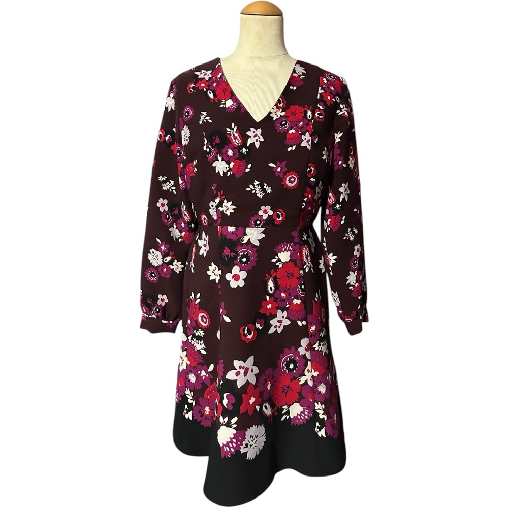 Ann Taylor Floral Longsleeve Scuba Knit Lined Fit Flare Dress Burgundy 6 Petite